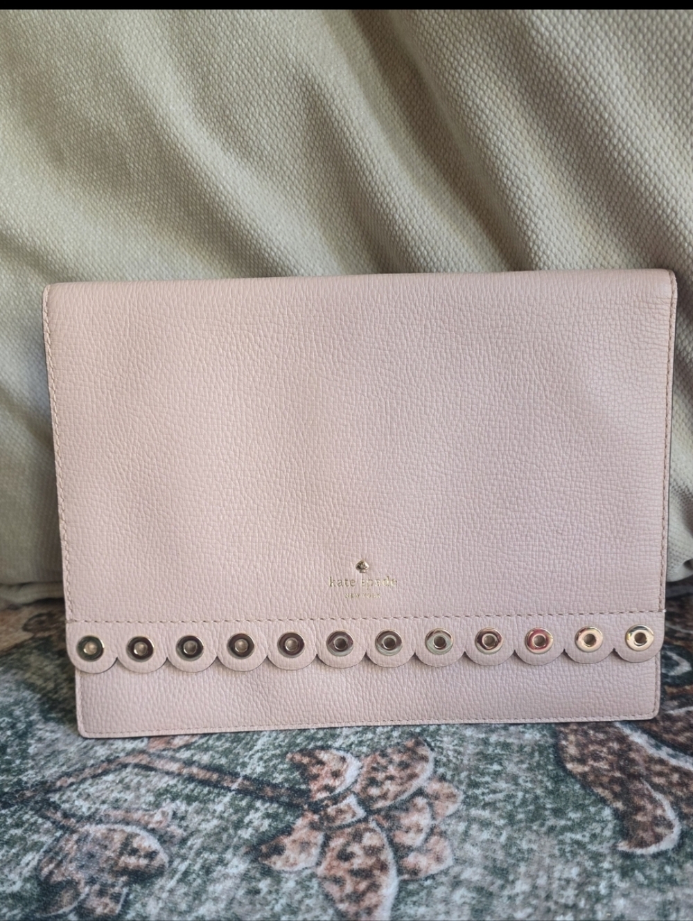 Kate Spade Paloma Road Mallo Pebbled Leather Foldover Grommet Trim Clutch Pink